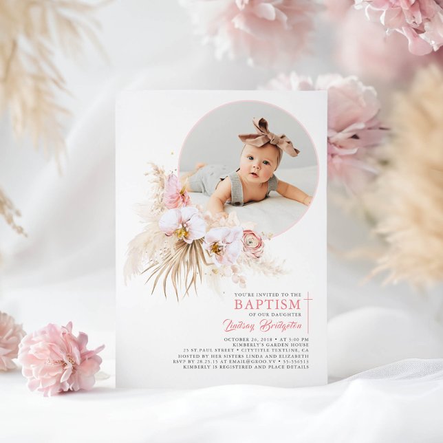 Convites Foto De Batismo Floral Rosa Pampas Grass (Floral Elegant Modern Baptism Photo Invitations for Girl)