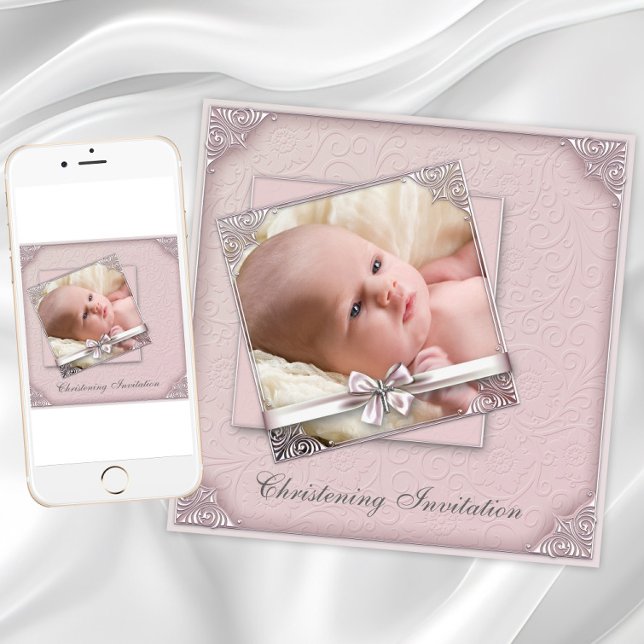 Convites Foto de Batismo Rosa Bege  (Blush pink christening invitation. Add photo and text. Download and printed invitations available.)
