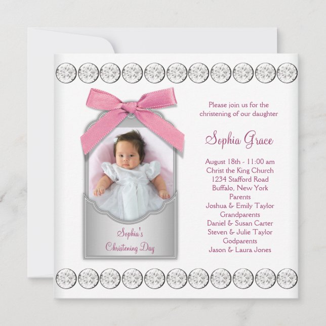 Convites Foto de Batizado de Bebê Menina Rosa Branco (Frente)
