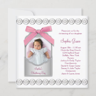 Convites Foto de Batizado de Bebê Menina Rosa Branco