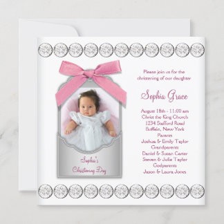 Convites Foto de Batizado de Bebê Menina Rosa Branco
