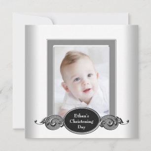 Convites Foto de Batizado de Bebê Menino Preto e Branco