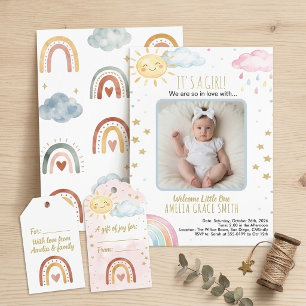Convites Foto de Bebê com Chuva de Cores Boho em Aquarela F