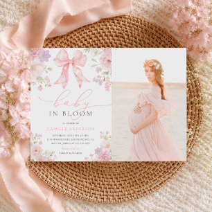 Convites Foto de bebê em flor com laço rosa para chá de beb