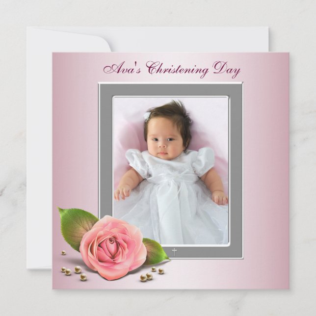 Convites Foto de Bebê Menina com Rosa Rosa no Batizado (Frente)
