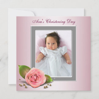 Convites Foto de Bebê Menina com Rosa Rosa no Batizado