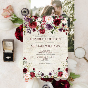 Convites Foto de Birch Floral Rustic Burgundy Watercolor