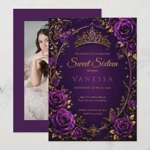 Convites foto de borboletas princesa roxo sweet 16