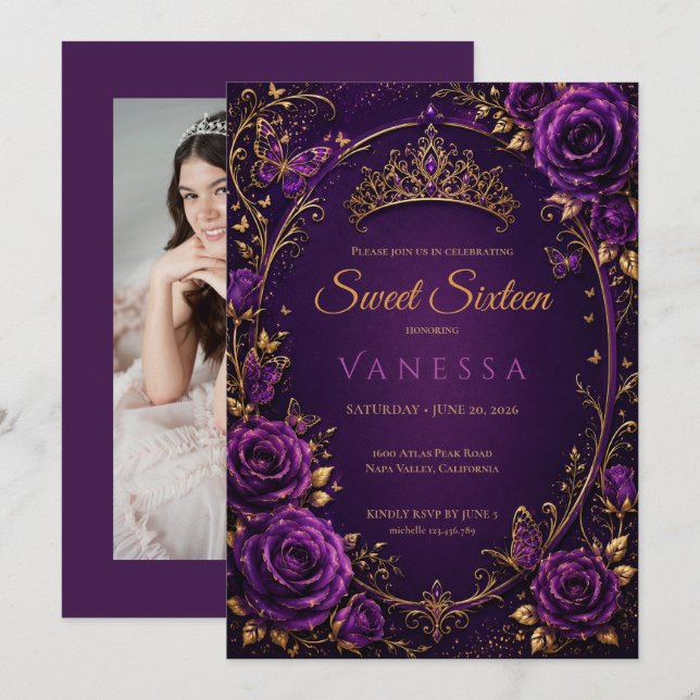Convites foto de borboletas princesa roxo sweet 16 (Frente/Verso)