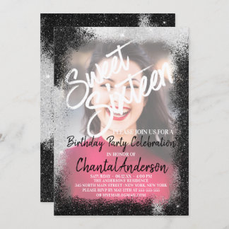Convites Foto de borda brilhante de prata preta Doce Dezess