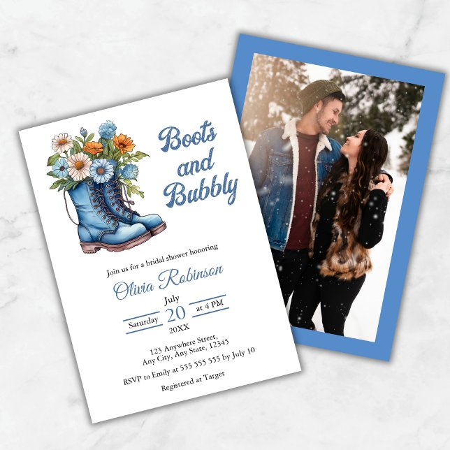 Convites Foto de Botas Ocidentais Azuis e Bridal Shower Bub (Photo Western Blue Boots & Bubbly Bridal Shower Invitation   )