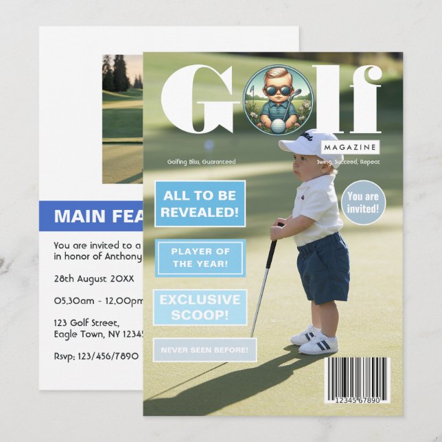 Convites Foto de Capa de Revista de Golfe para Aniversário  (Frente/Verso)