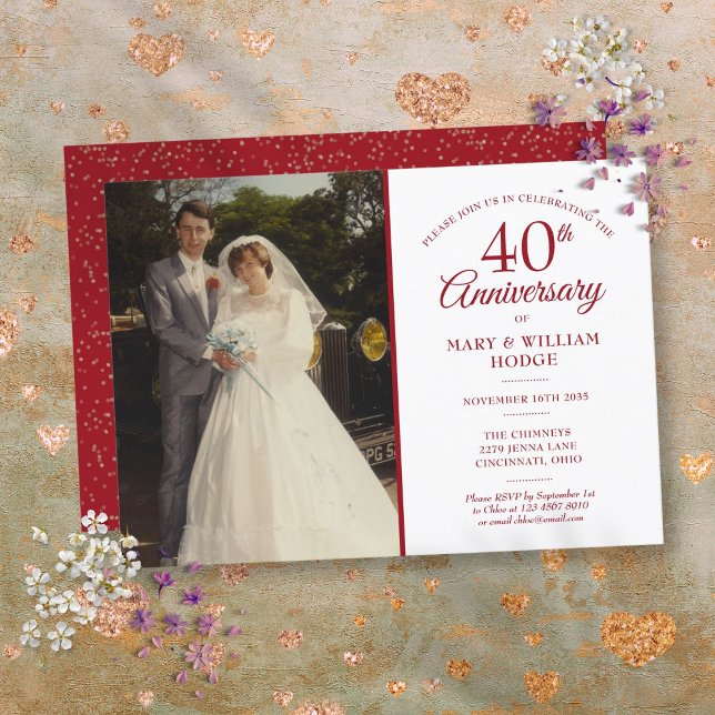 Convites Foto de Casamento 40º Aniversário Elegante Rubi (Wedding Photo 40th Anniversary Elegant Ruby Invitation)