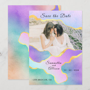 Convites Foto de Casamento Arco-Íris LGBT Dourado Save the 