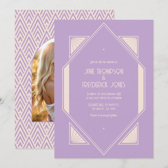 Convites Foto de casamento Art Deco com Lilac Francês e Cha (Frente/Verso)