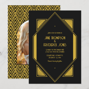 Convites Foto de casamento Art Deco em Noir & Champagne Gol