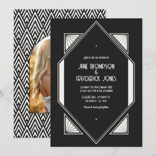 Convites Foto de casamento Art Déco em Preto Jet e Linho Ma