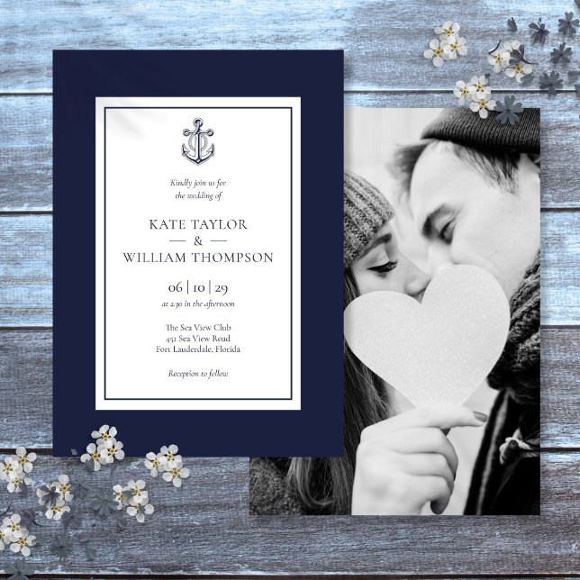 Convites Foto De Casamento Azul E Branco Com Marinho De Ânc (Nautical Anchor Navy Blue And White Wedding Photo Invitation)