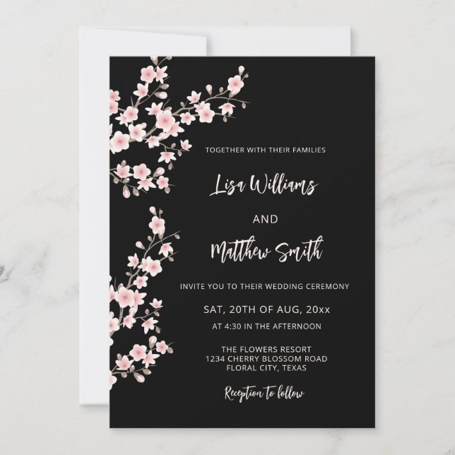 Convites Foto de casamento Black Pink Cherry Blossom (Frente)