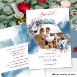 Convites Foto de Casamento Blue Purple Burgundy Watercolor<br><div class="desc">Convite de casamento de fotos elegante e único, com um lindo quadro geométrico de rosa de ouro hexágono com flores e folhagem armando sua fotografia e uma bela coloração azul em cascata atrás dela. Flores de aquarelas e folhagem em uma atraente mistura de cinzas azuis, azuis marinhos, vermelho-burrado, magenta, roxo...</div>