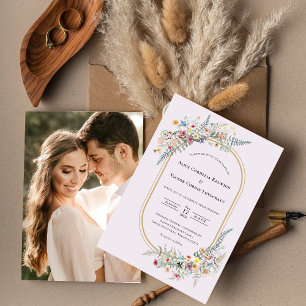 Convites Foto de casamento Boho Wildflower Fern Lavender
