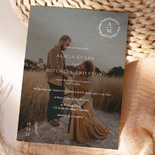 Convites Foto de casamento branco de monograma floral cláss