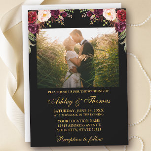 Convites Foto de casamento Burgundy Floral Preto e Dourado