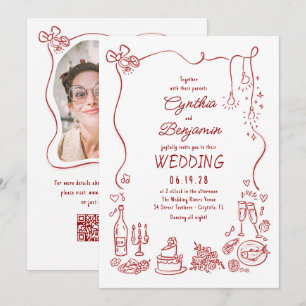 Convites Foto de Casamento Burgundy Retro Desenhada à Mão