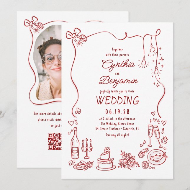 Convites Foto de Casamento Burgundy Retro Desenhada à Mão (Frente/Verso)