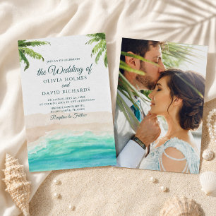 Convites Foto de casamento com árvores de palmeira e praia 