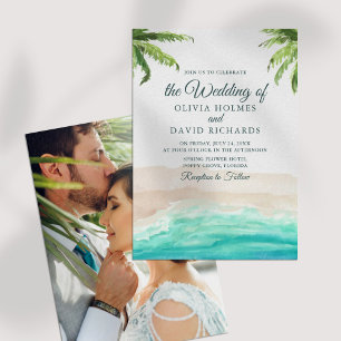 Convites Foto de casamento com árvores de palmeira e praia 