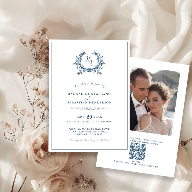 Convites Foto de casamento com código QR e crista floral az (Criador carregado)