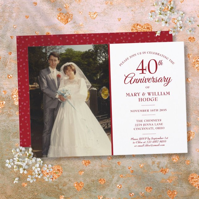 Convites Foto de casamento com confetes de coração rubi do  (40th Anniversary Ruby Heart Confetti Wedding Photo Invitation)