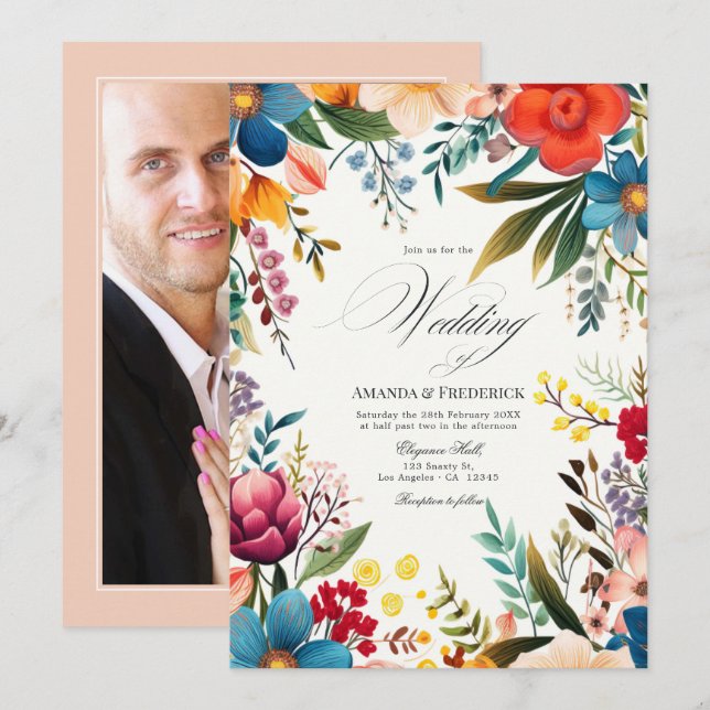 Convites Foto de casamento com festa floral em aquarela (Frente/Verso)