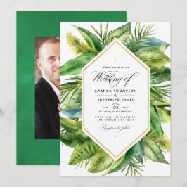 Convites Foto de casamento com folhas tropicais em aquarela