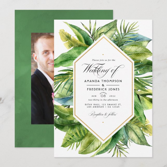 Convites Foto de casamento com folhas tropicais em aquarela (Frente/Verso)
