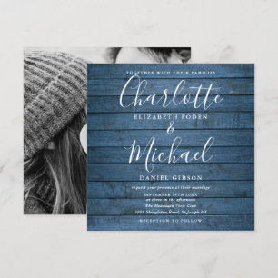 Convites Foto de casamento com madeira rústica azul e letra