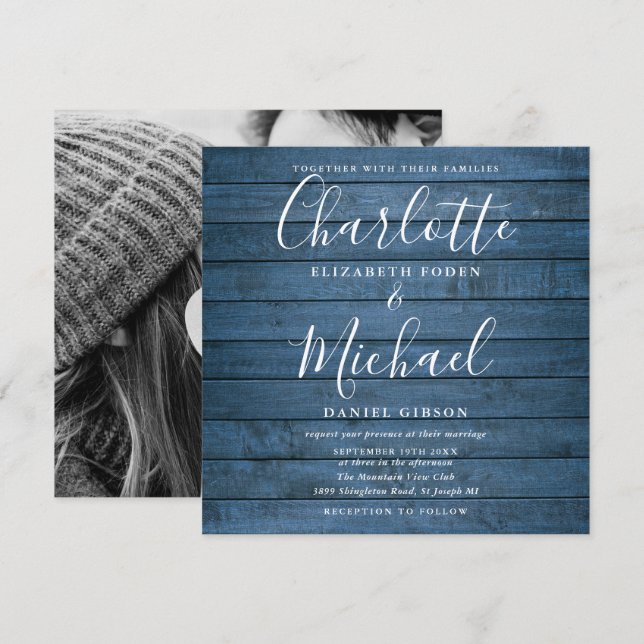 Convites Foto de casamento com madeira rústica azul e letra (Frente/Verso)