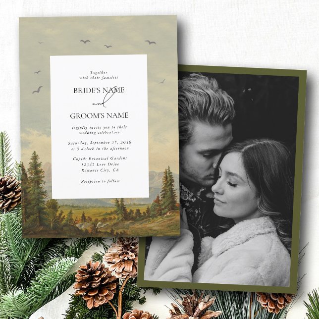 Convites Foto De Casamento Da Floresta De Pinheiros De Aqua (Watercolor Pine Tree Forest Mountain Wedding Photo Invitation)