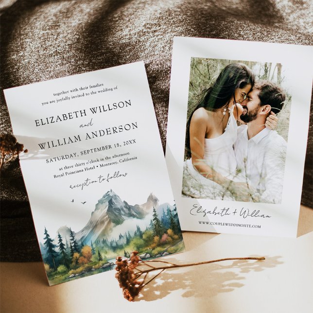 Convites Foto de Casamento de Árvore Evergreen Forest (Mountain Forest Evergreen Tree Wedding Photo Invitation)