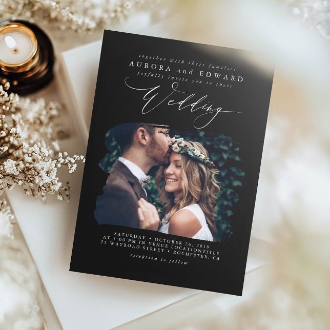 Convites Foto de Casamento de Boho Negro Moderno (Elegant Black Wedding Photo Invitation)