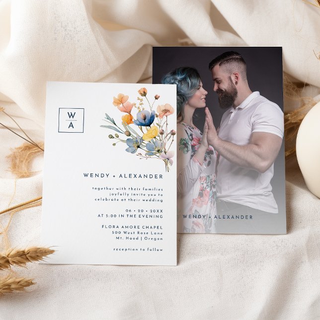 Convites Foto De Casamento De Bold Elegant Floral Monograma (Criador carregado)