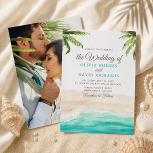 Convites Foto de Casamento de Casal na Praia Tropical em Aq