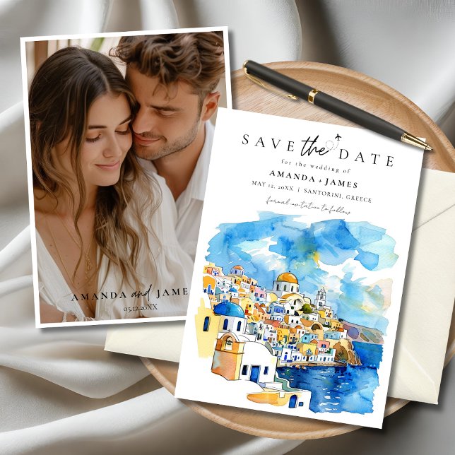Convites Foto de casamento de destino de grécia Salvar a Da (Elegant Santorini wedding save the date card with custom couple photo and watercolor illustration)