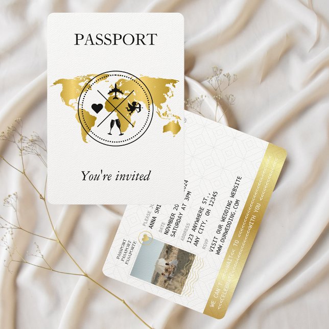 Convites Foto De Casamento De Destino De Passaporte Dourado (gold and white elegant passport photo wedding invitation)
