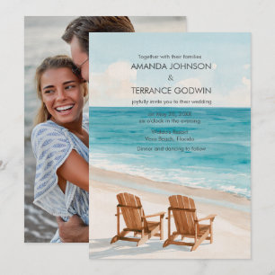 Convites Foto de Casamento de Destino na Praia com Aquarela