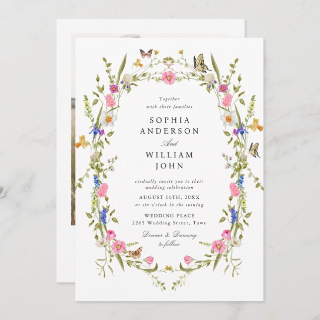Convites Foto de Casamento de Flores Selvagens de Aquarela  (Frente/Verso)