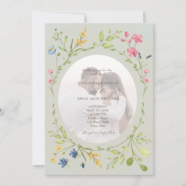 Convites Foto de casamento de flores silvestres em verde sá (Frente)