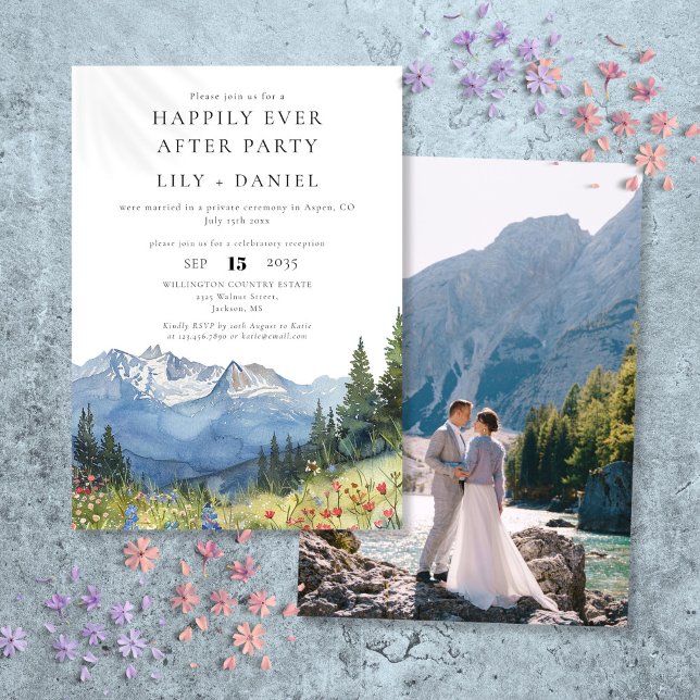 Convites Foto de casamento de montanha floral Felizes para  (Happily Ever After Watercolor Mountain Photo Invitation)