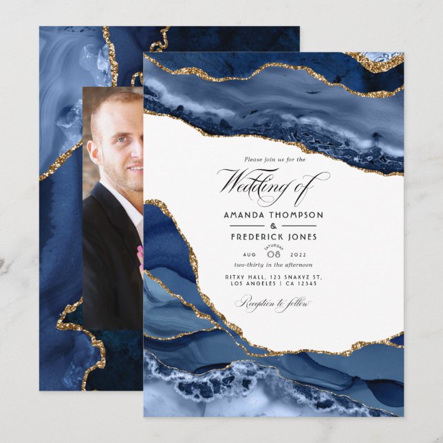 Convites Foto de Casamento de Pedra Agata e marinho Dourada (Frente/Verso)